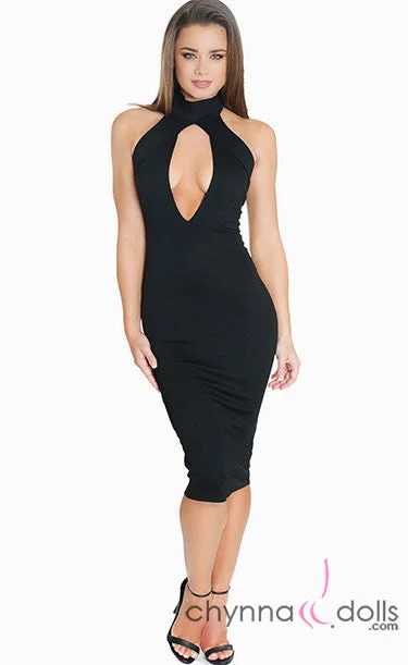 ladies-bodycon-dress-lace-lure-Mya: Plunge Keyhole High Neck Midi Length Bodycon Dress