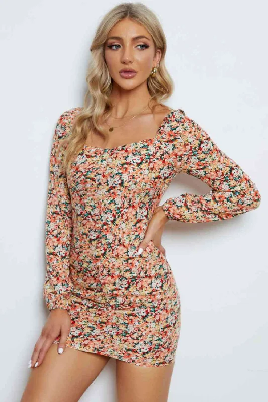 ladies-bodycon-dress-sleeveless-sleek-Floral Long-Sleeve Bodycon Dress