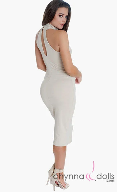 ladies-bodycon-dress-backless-buzz-Kelly: High Neck Midi Length Bodycon Dress