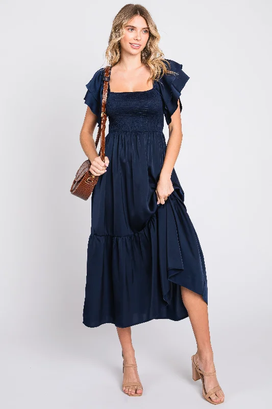 Women's midi dress glint glow -Navy Satin Flutter Sleeve Midi Dress