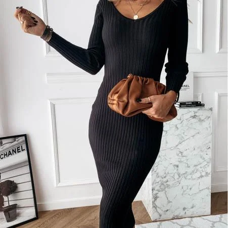 ladies-bodycon-dress-cocktail-crush-Women's Long Sleeve Dress V-neck Casual Dresses Soid Color Stripe Bodycon Dress Plus Size Long Dress