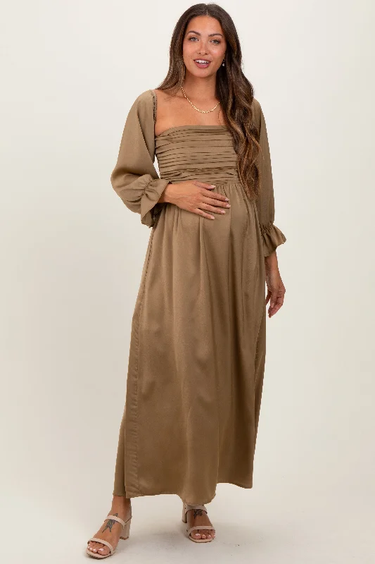 ladies-maxi-dress-mono-muse-Olive Off Shoulder Satin Pleated Bodice Maternity Maxi Dress