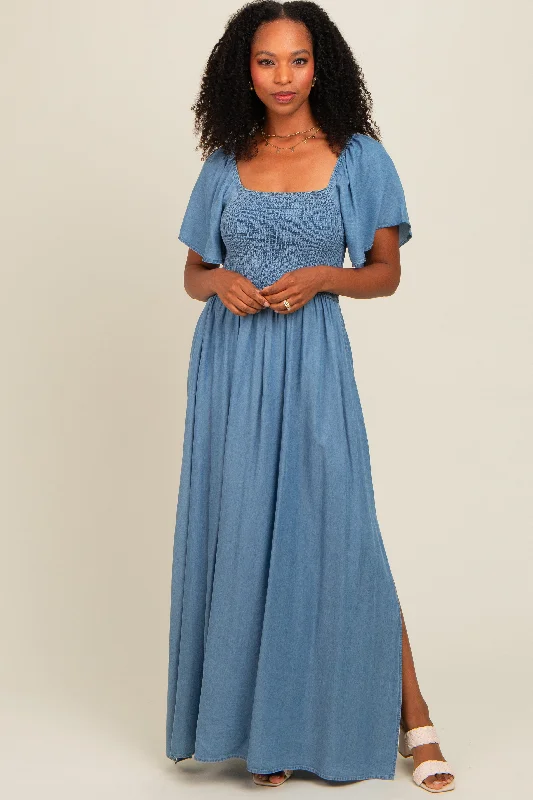 ladies-maxi-dress-bright-bloom-Light Blue Chambray Smocked Maxi Dress