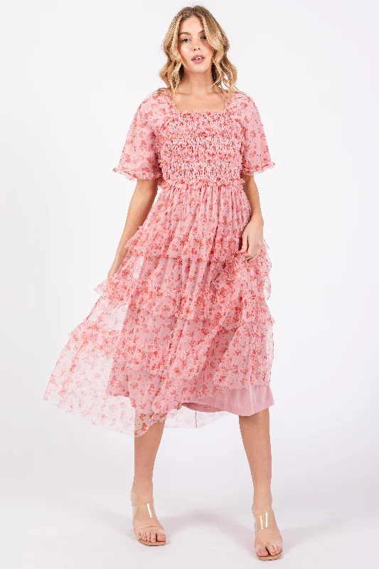 Women's midi dress heart pop -Pink Floral Tulle Smocked Ruffle Tiered Midi Dress