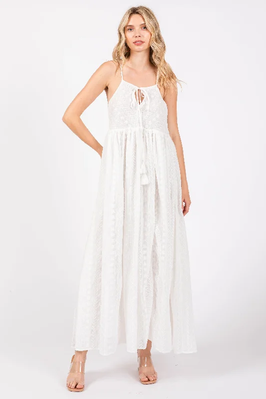 ladies-maxi-dress-breathable-bliss-Ivory Embroidered Tassel Tie Maxi Dress