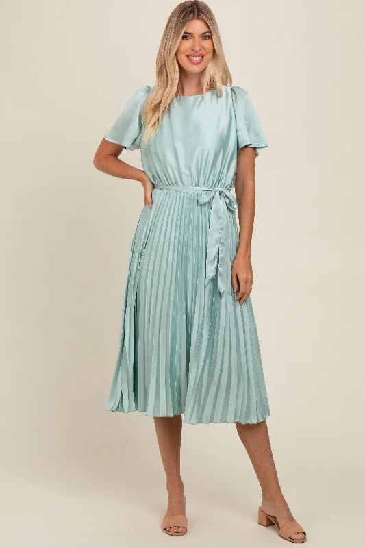 Women's midi dress clean flair -Mint Green Satin Pleated Sash Tie Midi Dress