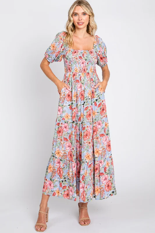 ladies-maxi-dress-salmon-sweep-Blue Floral Smocked Square Neck Tiered Maxi Dress