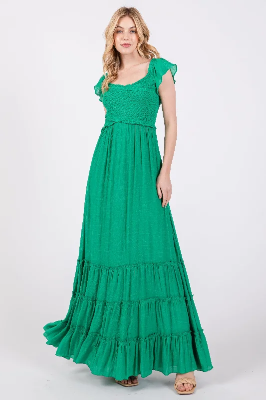 ladies-maxi-dress-scoop-serenity-Green Smocked Crossover Off Shoulder Maxi Dress