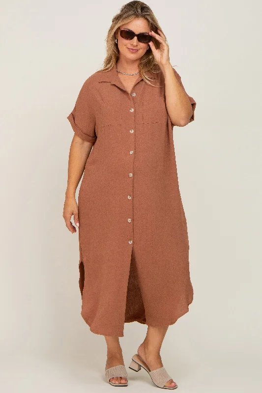 ladies-maxi-dress-daytime-dusk-Mocha Button Down Hi Low Maternity Plus Maxi Dress