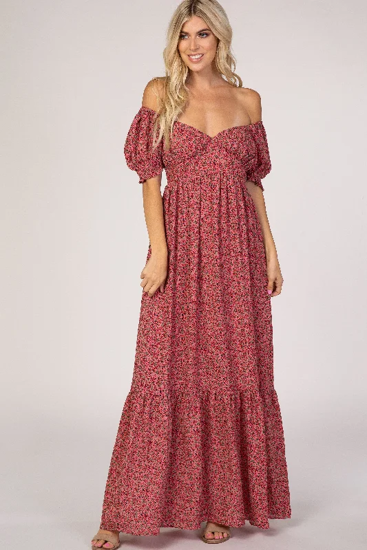 ladies-maxi-dress-petite-prance-Pink Floral Puff Sleeve Maxi Dress