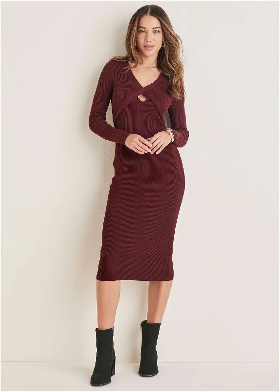 Women's midi dress shine pop -Cutout Midi Sweater Dress - Wine