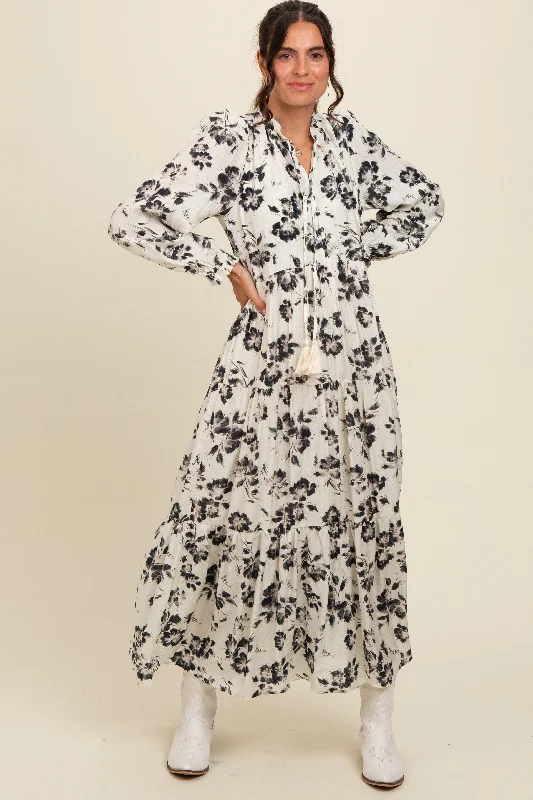 ladies-maxi-dress-ash-allure-Black Floral Button Front Tiered Long Sleeve Maxi Dress