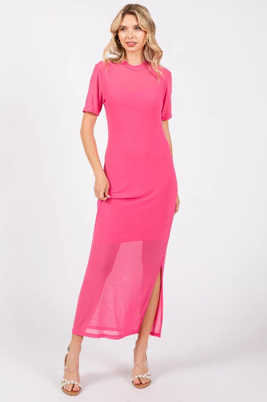 ladies-maxi-dress-animal-allure-Pink Layered Mesh Maxi Dress