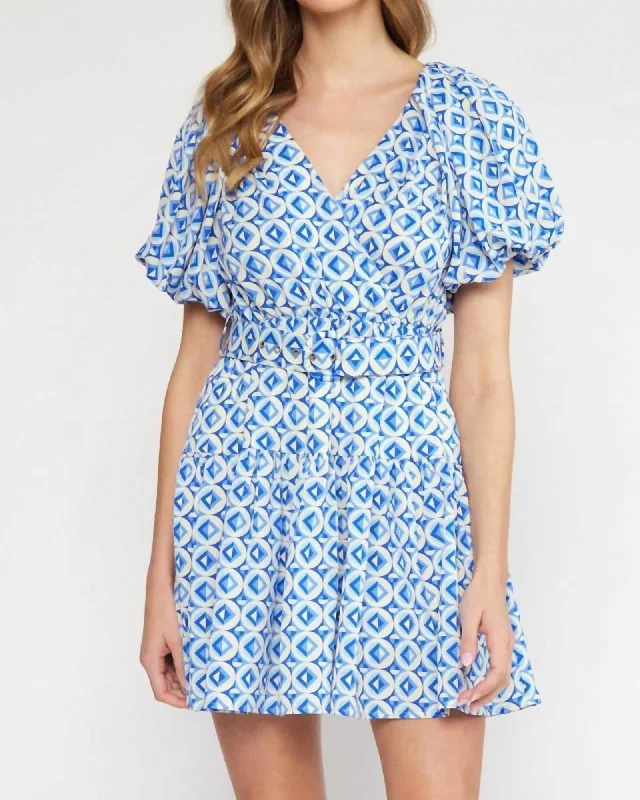 ladies-mini-dress-belted-blast-V-Neck Puff Sleeve Mini Dress in Blue Geo Print | Blue Geo Print