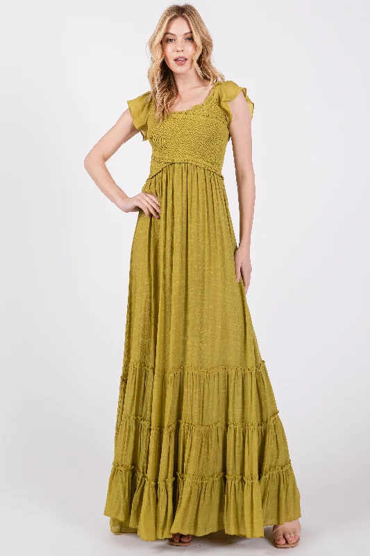 ladies-maxi-dress-green-gleam-Lime Smocked Crossover Off Shoulder Maxi Dress