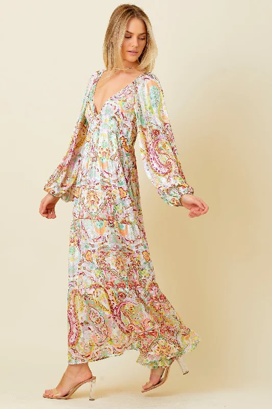 ladies-maxi-dress-mauve-mirth-Multi-Color Floral Metallic Striped Tiered Long Puff Sleeve Maxi Dress