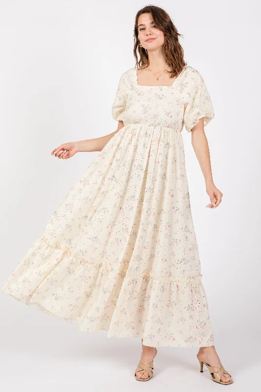 ladies-maxi-dress-petite-prance-Ivory Floral Eyelet Puff Sleeve Maxi Dress