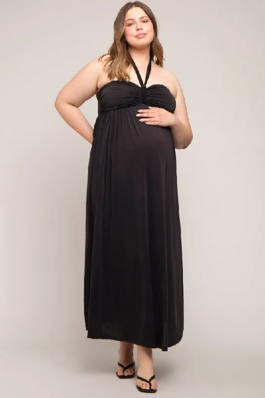 ladies-maxi-dress-picnic-poise-Black Front Knot Halter Maternity Plus Maxi Dress