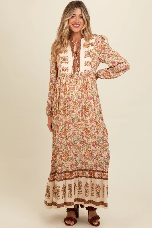 ladies-maxi-dress-sale-sweep-Cream Floral Border Print Maternity Maxi Dress