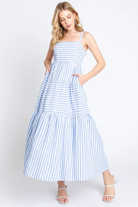 ladies-maxi-dress-bold-breeze-Blue Striped Sleeveless Tiered Maxi Dress