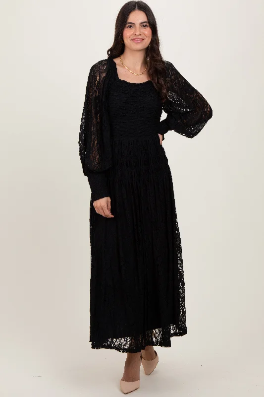 ladies-maxi-dress-lightweight-lift-Black Lace Smocked Bubble Sleeve Maxi Dress