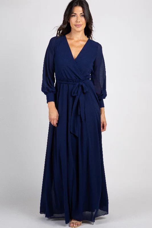 ladies-maxi-dress-tulle-twirl-Navy Chiffon Long Sleeve Pleated Maxi Dress