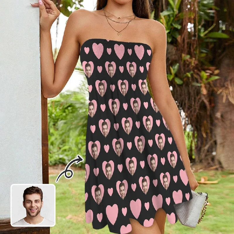 Women's party dress slit glow -Custom Face Pink Heart Women's Tube Top Pleated Party Dress