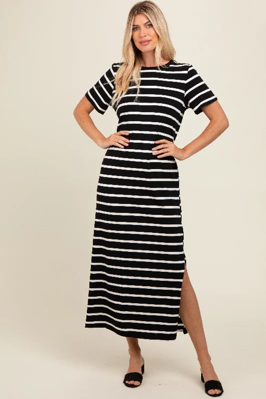 ladies-maxi-dress-indigo-illume-Black Striped Side Slit Maxi Dress