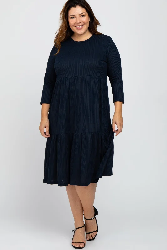 Women's midi dress dusk chic -Navy Tiered Ribbed 3/4 Sleeve Plus Midi Dress