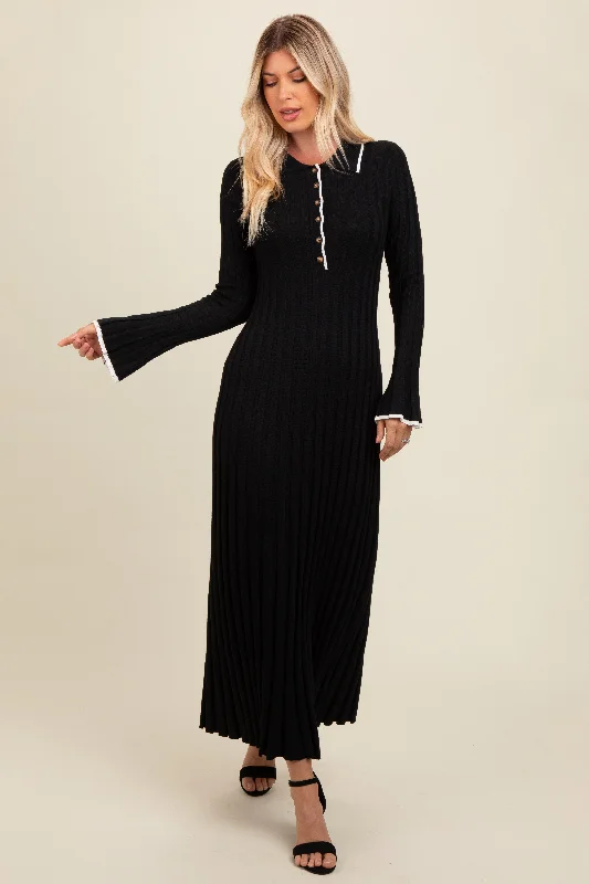 ladies-maxi-dress-satin-silk-Black Ribbed Knit Collared Button Up Maxi Dress