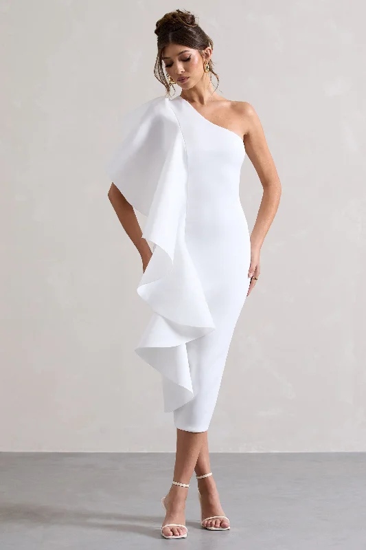 ladies-bodycon-dress-sensual-sway-Polo | White One Shoulder Bodycon Midi Dress With Ruffle