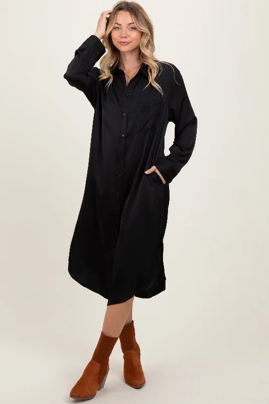 Women's midi dress heart pop -Black Long Sleeve Midi Shirt Dress