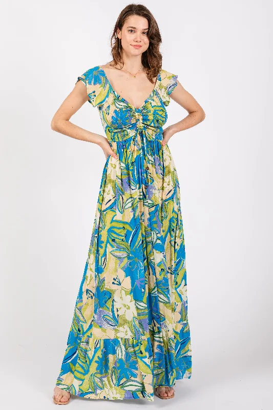 ladies-maxi-dress-embroidered-essence-Blue Floral Smocked Off Shoulder Maxi Dress