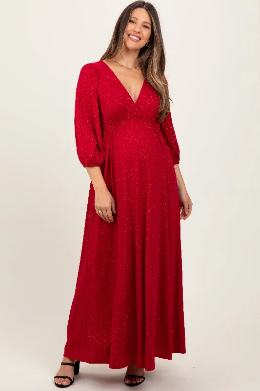 ladies-maxi-dress-buttoned-bliss-Red Glitter V-Neck Maternity Maxi Dress