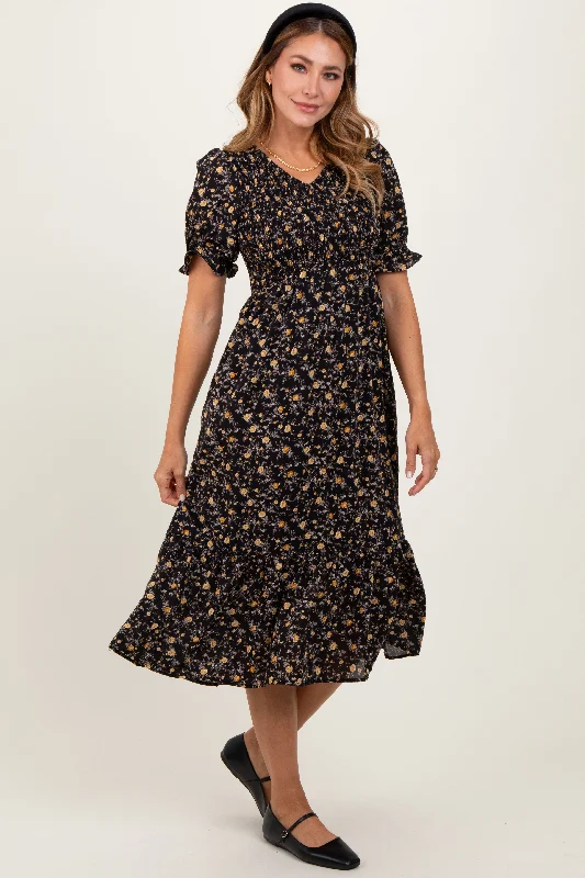 Women's midi dress sway pop -Black Floral Print Smocked Ruffle Hem Midi Dress