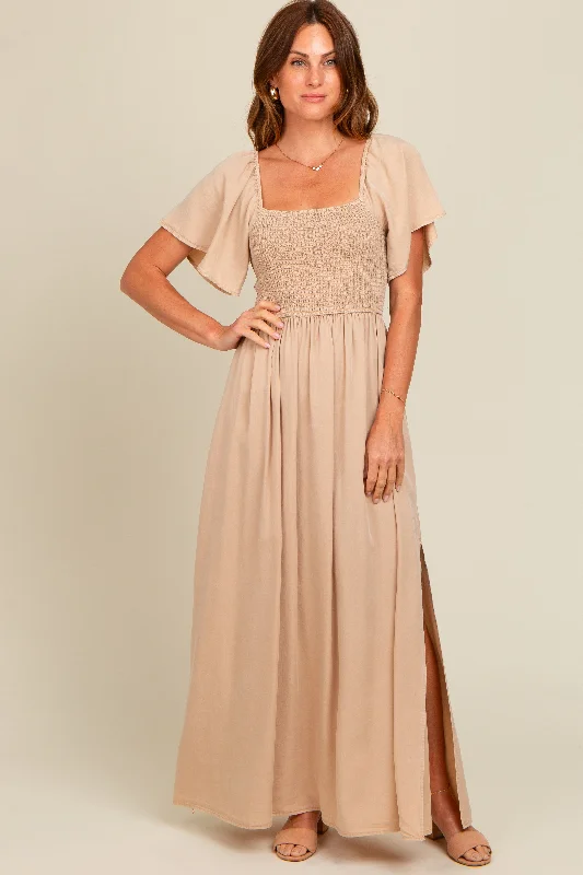 ladies-maxi-dress-statement-sway-Beige Chambray Smocked Maxi Dress