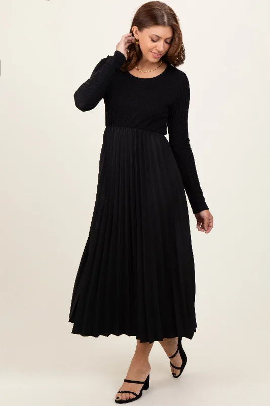 Women's midi dress full flair -Black Knit Contrast Pleated Skirt Midi Dress