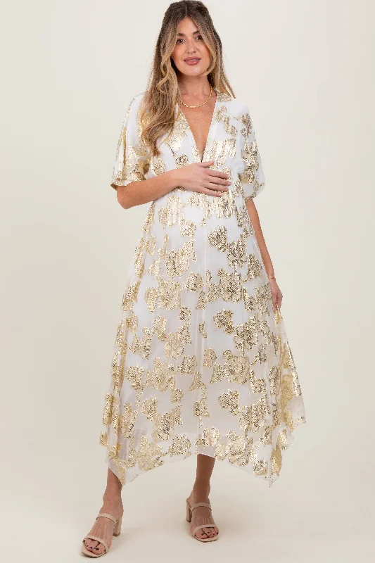 ladies-maxi-dress-short-sleeve-breeze-Cream Metallic Floral Jacquard Overlay Maternity Maxi Dress