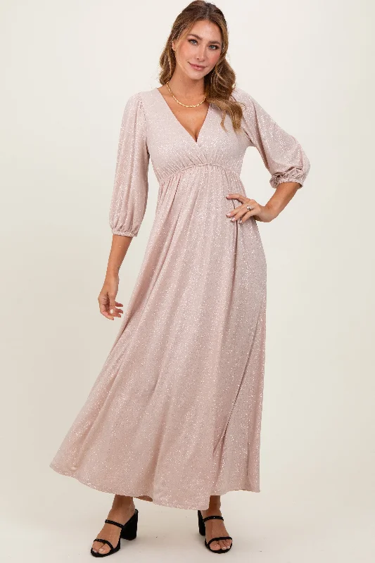 ladies-maxi-dress-elegant-ember-Beige Glitter V-Neck Maxi Dress