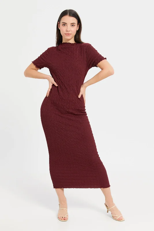 ladies-bodycon-dress-weekend-wow-Women Burgundy Textured Bodycon Dress