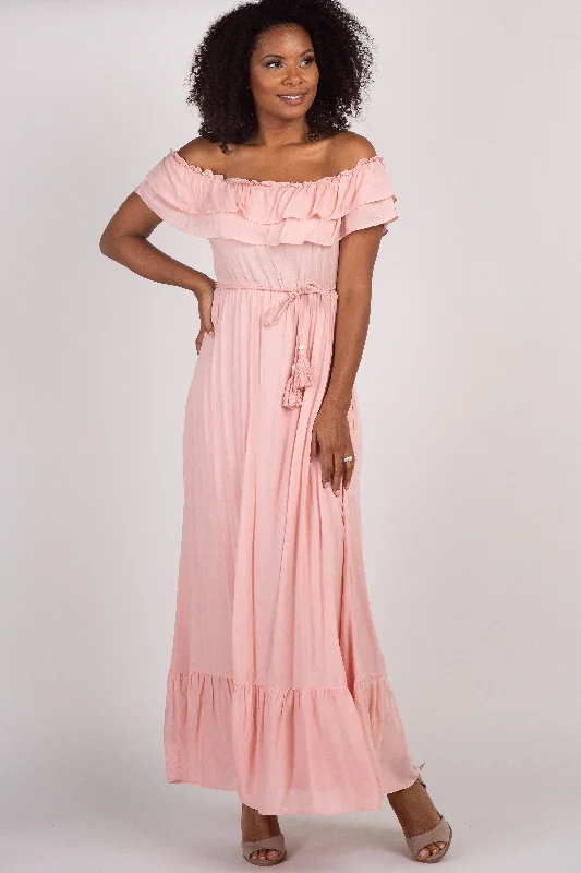 ladies-maxi-dress-value-vision-Pink Off Shoulder Tassel Tie Maxi Dress