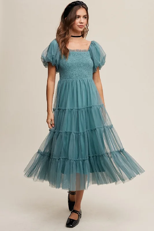 Women's midi dress lone glow -Teal Smocked Tiered Tulle Midi Dress