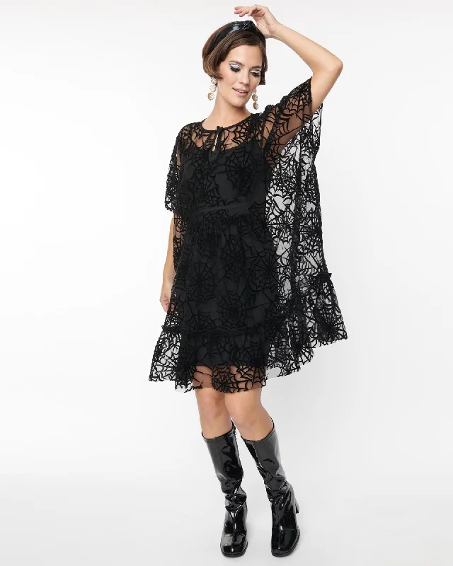 ladies-mini-dress-value-vibe-Smak Parlour Black Spiderweb Mesh Mini Caftan | Black