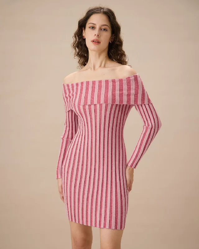 ladies-bodycon-dress-date-night-dazzle-Pink Striped Off The Shoulder Bodycon Sweater Dress | Pink