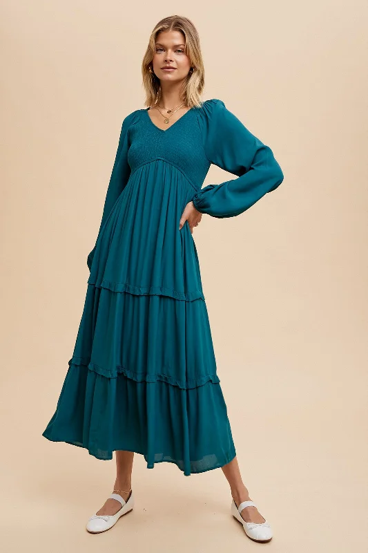 Women's midi dress spark flair -Emerald Smocked Tiered Midi Dress