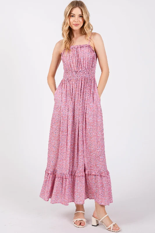 ladies-maxi-dress-petite-prance-Pink Floral Ruffle Square Neck Smocked Waist Maxi Dress