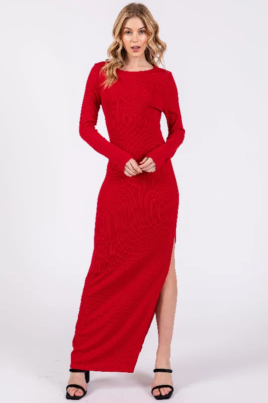 ladies-maxi-dress-sophisticated-sweep-Red Ribbed Long Sleeve Side Slit Maxi Dress