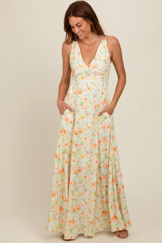 ladies-maxi-dress-cream-charm-Peach Floral Crisscross Back Maxi Dress