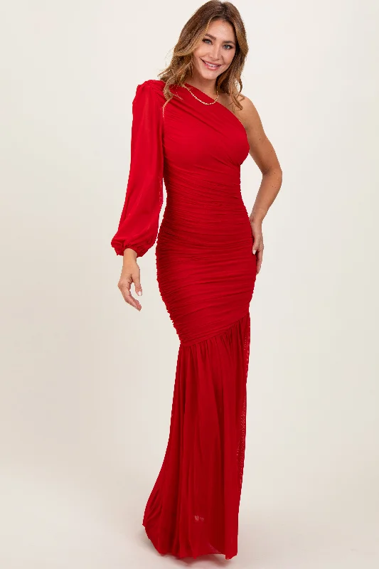 ladies-maxi-dress-lightweight-lift-Red Ruched Mesh One Shoulder Asymmetric Maxi Dress