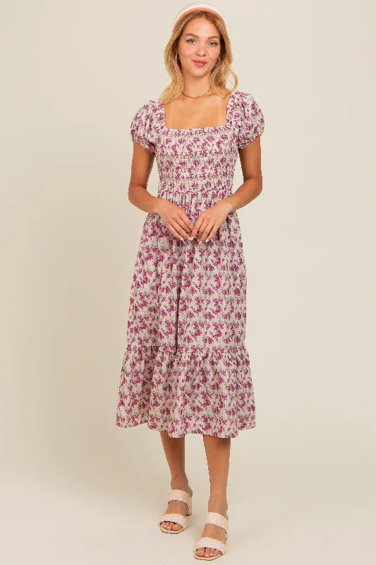 Women's midi dress veil glow -Magenta Floral Smocked Ruffle Hem Midi Dress